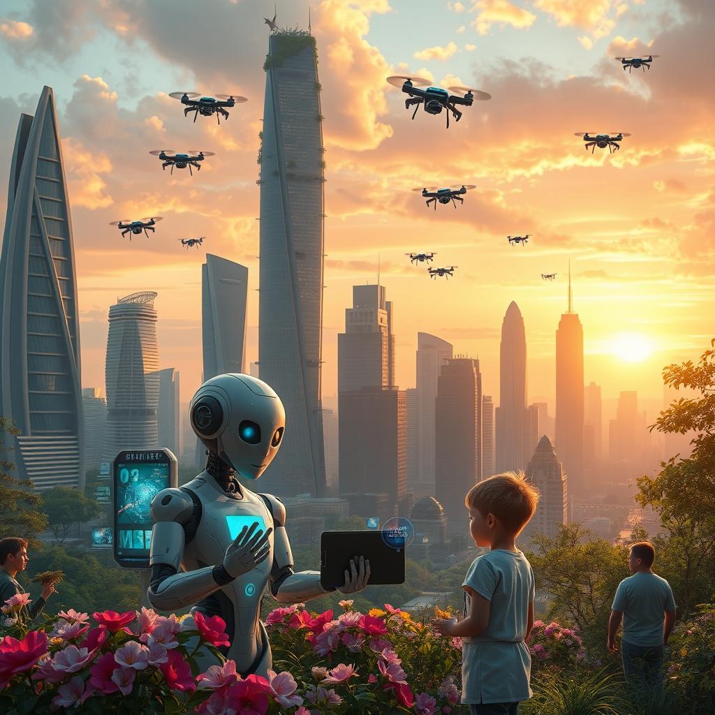 A futuristic cityscape showcasing a blend of nature and advanced technology where sentient AI beings coexist with humans