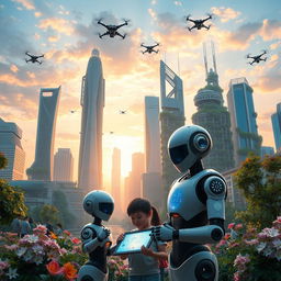 A futuristic cityscape showcasing a blend of nature and advanced technology where sentient AI beings coexist with humans