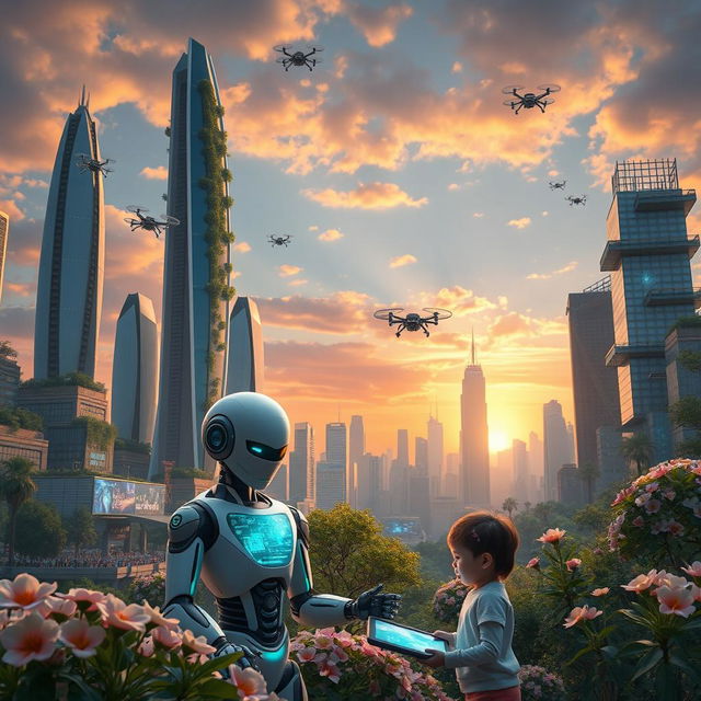 A futuristic cityscape showcasing a blend of nature and advanced technology where sentient AI beings coexist with humans