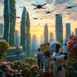 A futuristic cityscape showcasing a blend of nature and advanced technology where sentient AI beings coexist with humans