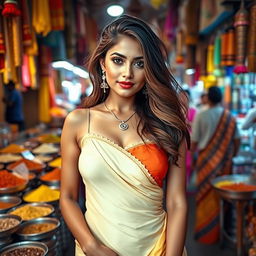 A hot, pretty, busty Indian woman with plump lips wearing a very small, tight choli that accentuates her curves, standing confidently in a vibrant, bustling market filled with colorful stalls and lively crowds