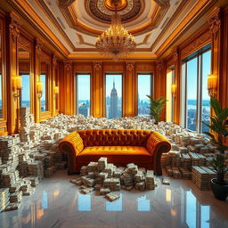 A luxurious room filled with stacks of glittering dollar bills, creating a vibrant and opulent atmosphere