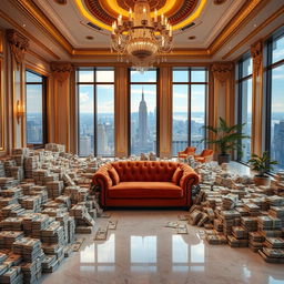 A luxurious room filled with stacks of glittering dollar bills, creating a vibrant and opulent atmosphere
