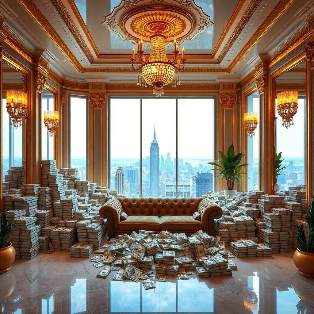 A luxurious room filled with stacks of glittering dollar bills, creating a vibrant and opulent atmosphere