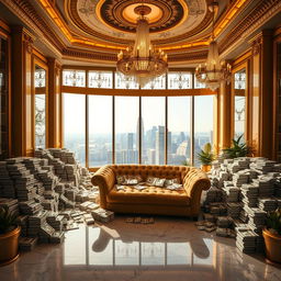A luxurious room filled with stacks of glittering dollar bills, creating a vibrant and opulent atmosphere