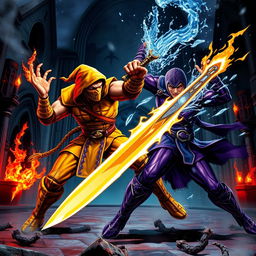 A dynamic battle scene featuring Scorpion and Rain from Mortal Kombat 1, set in a dark, atmospheric arena