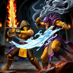 A dynamic battle scene featuring Scorpion and Rain from Mortal Kombat 1, set in a dark, atmospheric arena