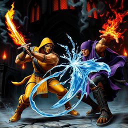 A dynamic battle scene featuring Scorpion and Rain from Mortal Kombat 1, set in a dark, atmospheric arena