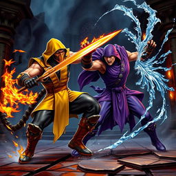 A dynamic battle scene featuring Scorpion and Rain from Mortal Kombat 1, set in a dark, atmospheric arena