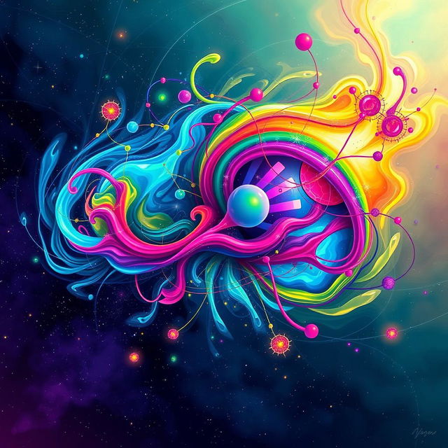 A vibrant and colorful abstract representation of sentience, depicting an imaginative explosion of ideas and consciousness