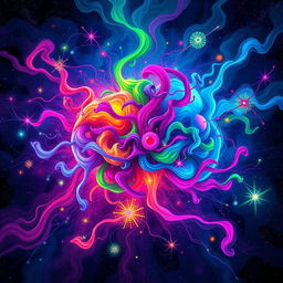 A vibrant and colorful abstract representation of sentience, depicting an imaginative explosion of ideas and consciousness