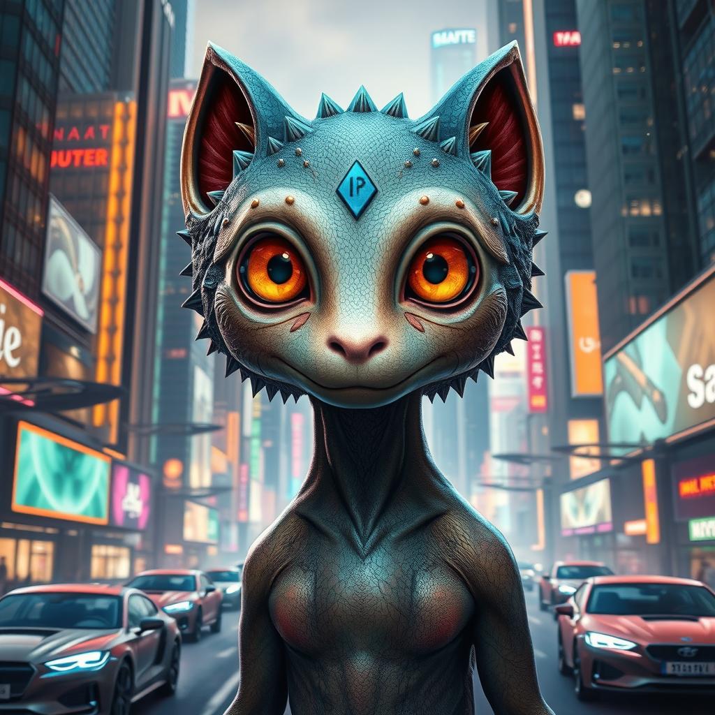 A highly detailed and imaginative representation of an anthropomorphic sentient creature, characterized by its expressive eyes and advanced cognitive abilities