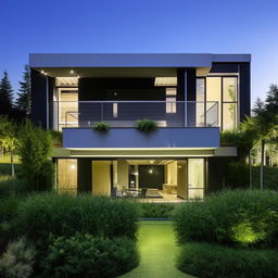 A large, modern duplex house with a spacious balcony. The house is bathed in warm lighting, surrounded by greenery.