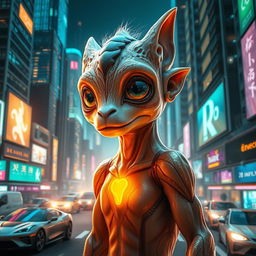 A highly detailed and imaginative representation of an anthropomorphic sentient creature, characterized by its expressive eyes and advanced cognitive abilities