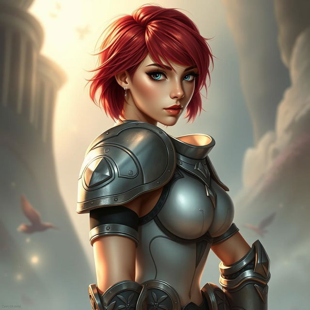 A striking warrior woman named Ruby, clad in elegantly designed light armor that highlights her petite yet curvaceous figure