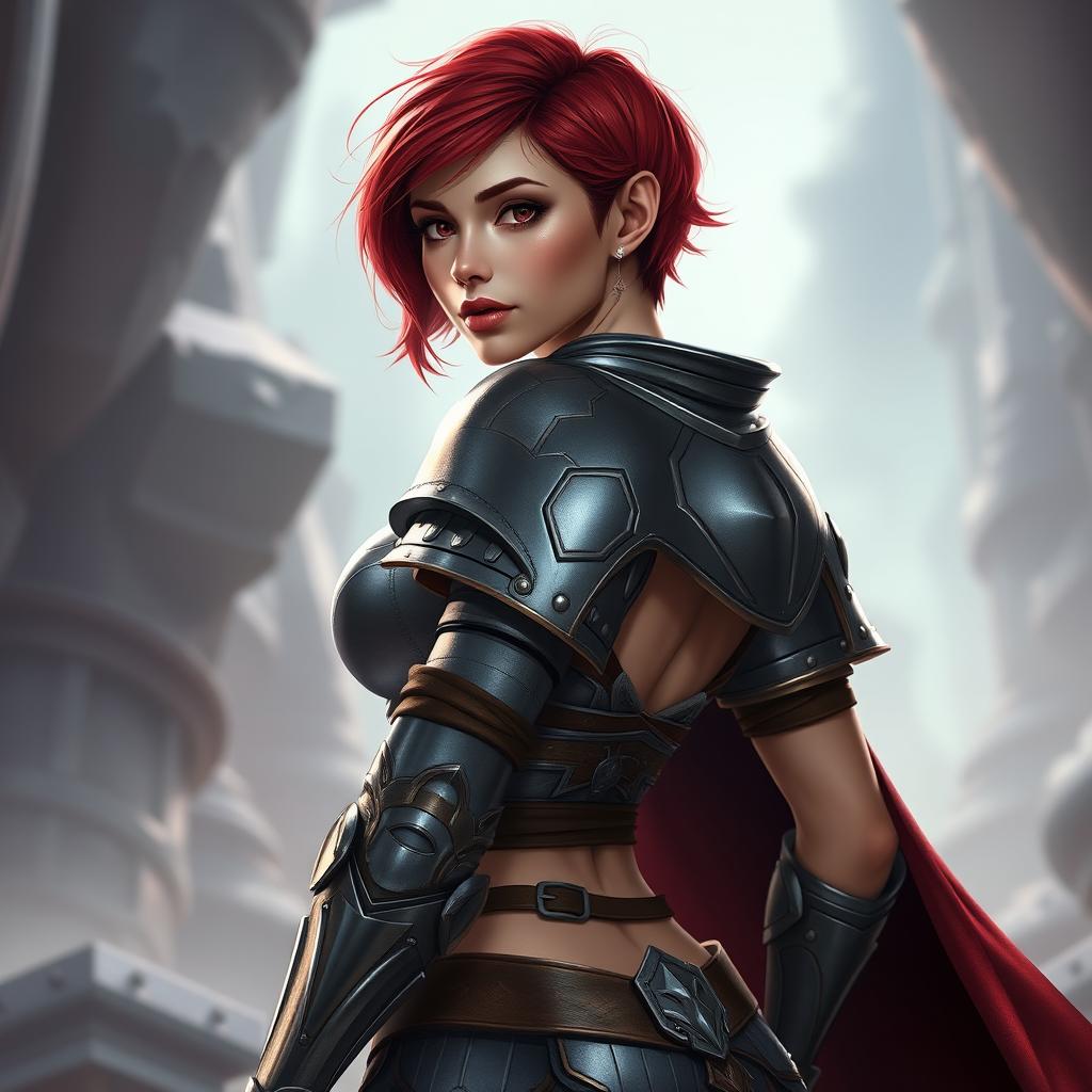 A striking warrior woman named Ruby, clad in elegantly designed light armor that highlights her petite yet curvaceous figure