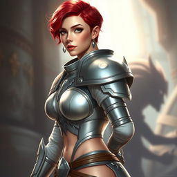 A striking warrior woman named Ruby, clad in elegantly designed light armor that highlights her petite yet curvaceous figure