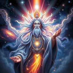 A majestic and ethereal depiction of a sentient god, radiating power and wisdom