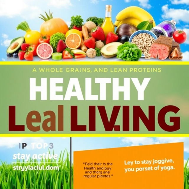 A colorful and informative poster about healthy living, featuring a vibrant layout that emphasizes the importance of a balanced diet and regular exercise