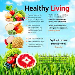 A colorful and informative poster about healthy living, featuring a vibrant layout that emphasizes the importance of a balanced diet and regular exercise