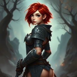 A captivating warrior woman named Ruby, dressed in intricately designed light armor that subtly embraces her petite yet curvy physique