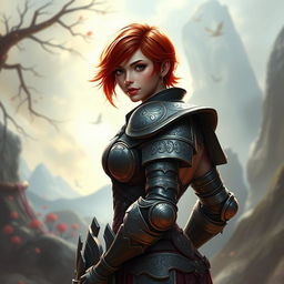 A captivating warrior woman named Ruby, dressed in intricately designed light armor that subtly embraces her petite yet curvy physique