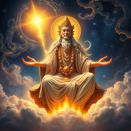 A majestic and powerful sentient god, radiating divine energy, seated on a throne of clouds, with a celestial background filled with stars and galaxies