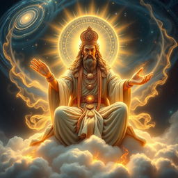 A majestic and powerful sentient god, radiating divine energy, seated on a throne of clouds, with a celestial background filled with stars and galaxies