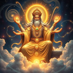 A majestic and powerful sentient god, radiating divine energy, seated on a throne of clouds, with a celestial background filled with stars and galaxies