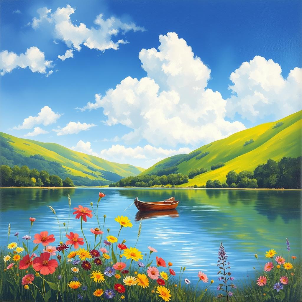 A beautiful and vibrant painting of a serene landscape, featuring lush green hills, a tranquil lake reflecting the clear blue sky, and fluffy white clouds scattered across