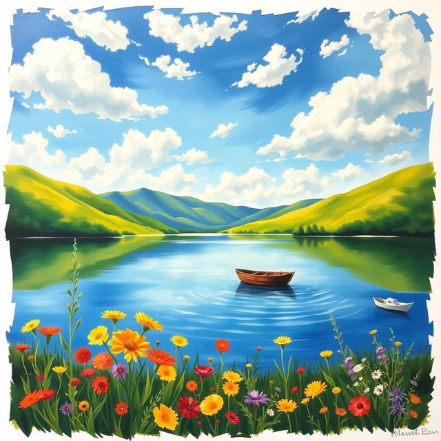 A beautiful and vibrant painting of a serene landscape, featuring lush green hills, a tranquil lake reflecting the clear blue sky, and fluffy white clouds scattered across