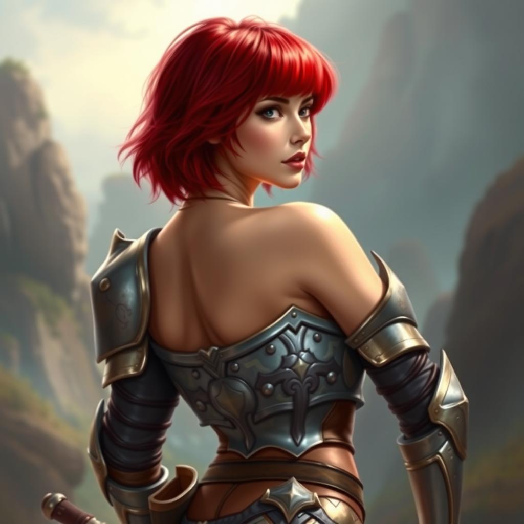 A captivating woman named Ruby in light armor that accentuates her petite, curvy body