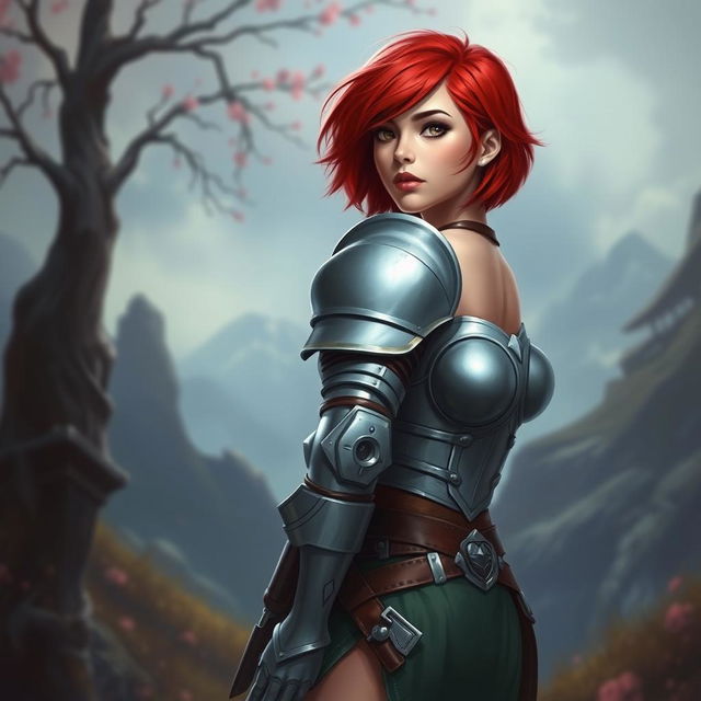 A captivating woman named Ruby in light armor that accentuates her petite, curvy body