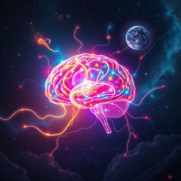 A surreal scene depicting the concept of sentience as a glowing, abstract brain entwined with vibrant, colorful neural pathways, pulsating with energy