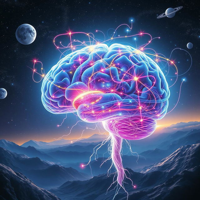 A surreal scene depicting the concept of sentience as a glowing, abstract brain entwined with vibrant, colorful neural pathways, pulsating with energy