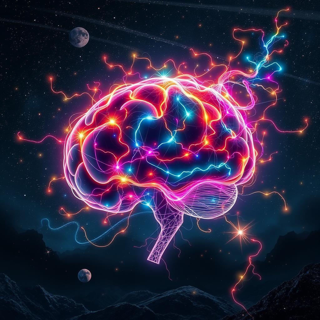 A surreal scene depicting the concept of sentience as a glowing, abstract brain entwined with vibrant, colorful neural pathways, pulsating with energy