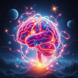A surreal scene depicting the concept of sentience as a glowing, abstract brain entwined with vibrant, colorful neural pathways, pulsating with energy