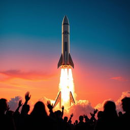 A stunning digital art poster depicting an exhilarating rocket launch to space