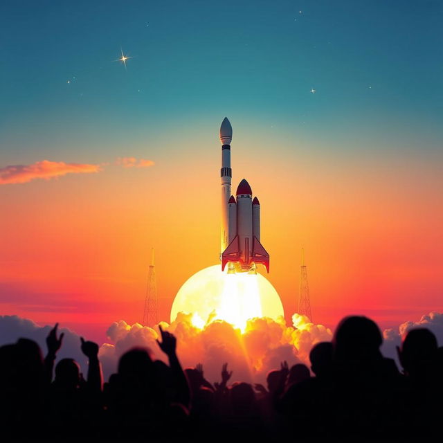 A stunning digital art poster depicting an exhilarating rocket launch to space