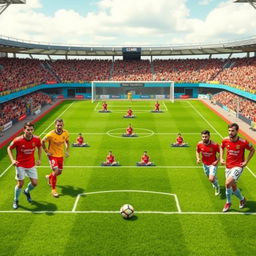 A dynamic and energetic scene depicting a luxury football lineup on the grassy pitch showcasing the best talents