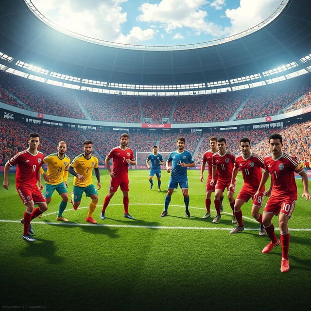 A dynamic and energetic scene depicting a luxury football lineup on the grassy pitch showcasing the best talents