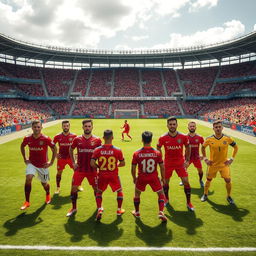 A dynamic and energetic scene depicting a luxury football lineup on the grassy pitch showcasing the best talents