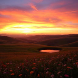 A beautiful, serene landscape with rolling hills, a vibrant sunset painting the sky in shades of orange, pink, and purple
