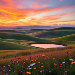 A beautiful, serene landscape with rolling hills, a vibrant sunset painting the sky in shades of orange, pink, and purple