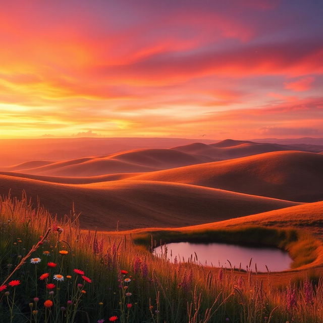 A beautiful, serene landscape with rolling hills, a vibrant sunset painting the sky in shades of orange, pink, and purple