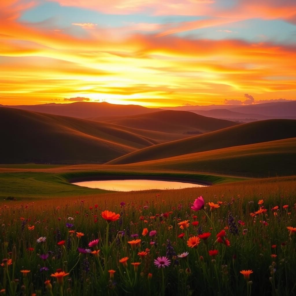 A beautiful, serene landscape with rolling hills, a vibrant sunset painting the sky in shades of orange, pink, and purple