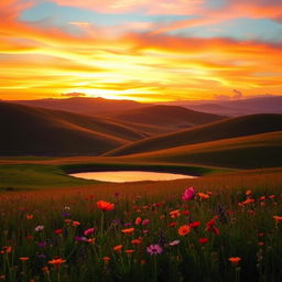 A beautiful, serene landscape with rolling hills, a vibrant sunset painting the sky in shades of orange, pink, and purple