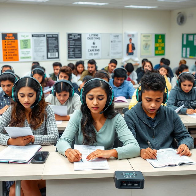 A diverse classroom scene featuring students taking a listening test