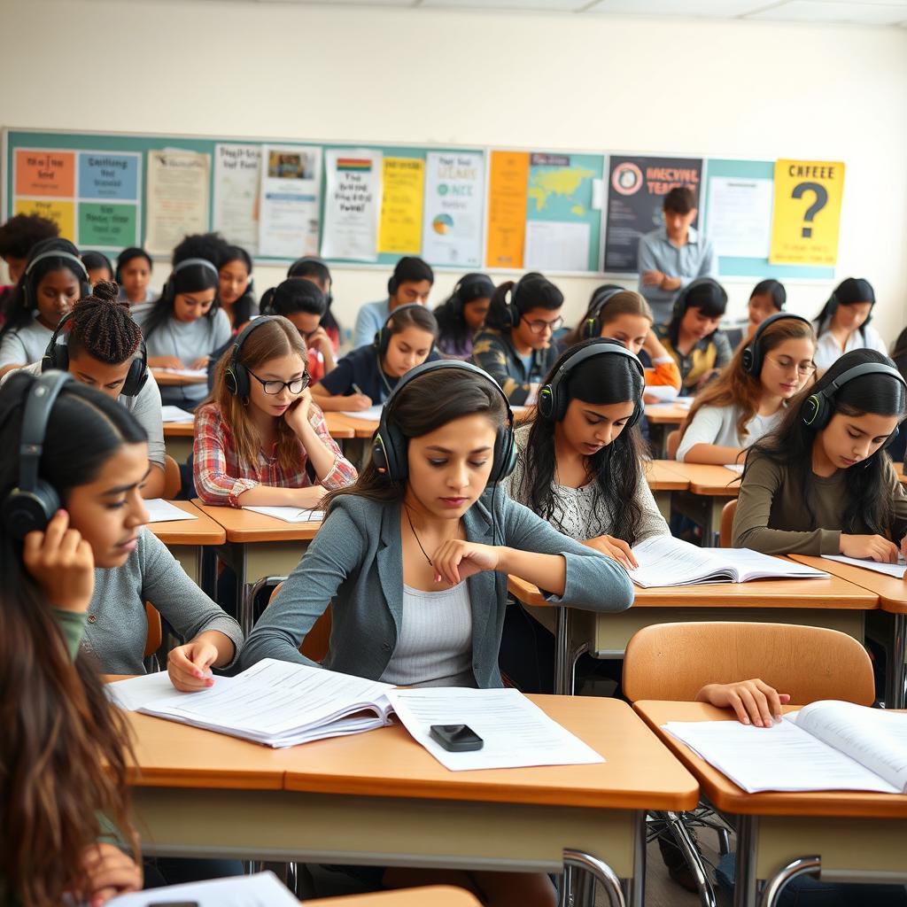 A diverse classroom scene featuring students taking a listening test