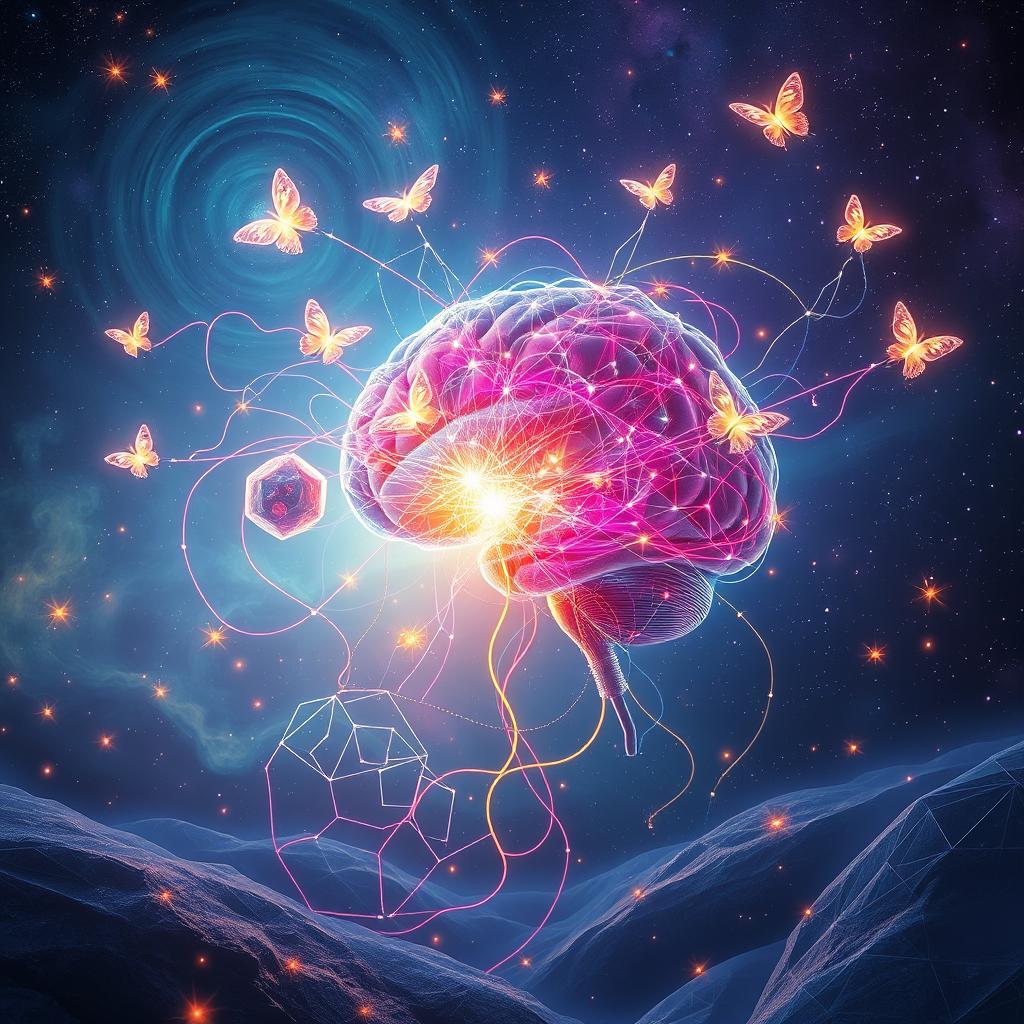 A vibrant and surreal depiction of sentience, represented as a glowing, neural network emerging from a deep brain, intricately intertwined with colorful threads of light